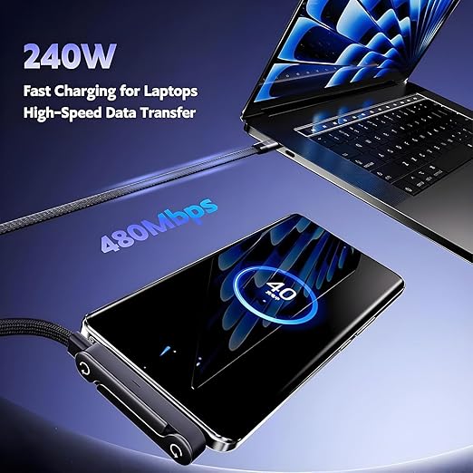 2-in-1 Invisible Stand Charging Cable, Multi Charger Cord with Type C Multi-Angle Adjustable Stand, 240W Fast Charging Cable for Smartphones,Tablets,Laptops,and Gaming Devices